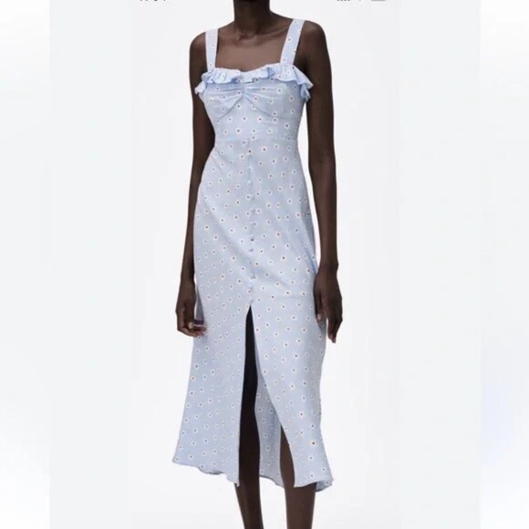 Zara Blue Flower Print Linen Blend Button Front Midi Dress - Picture 2 of 7